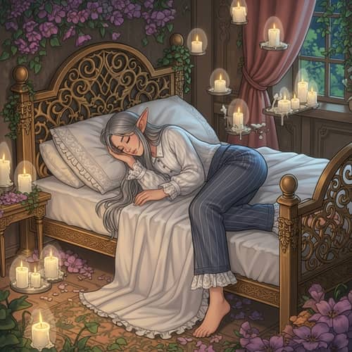 Enchanting Elf in Vintage Nightclothes on Unique Bed Frame
