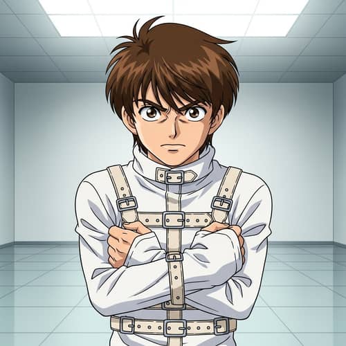 Anime Boy with Brown Messy Hair in Straitjacket