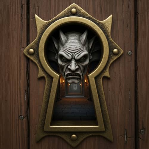 Malevolent Gargoyle Peeking Through Old Keyhole