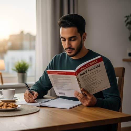 Focused Middle-Eastern Man Studying for Driver's License at Wooden Table