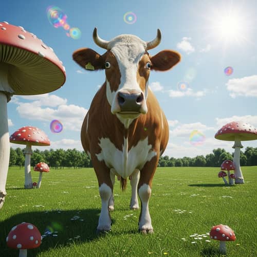 Dazed Cow in Lush Pasture | Surreal Countryside Scene