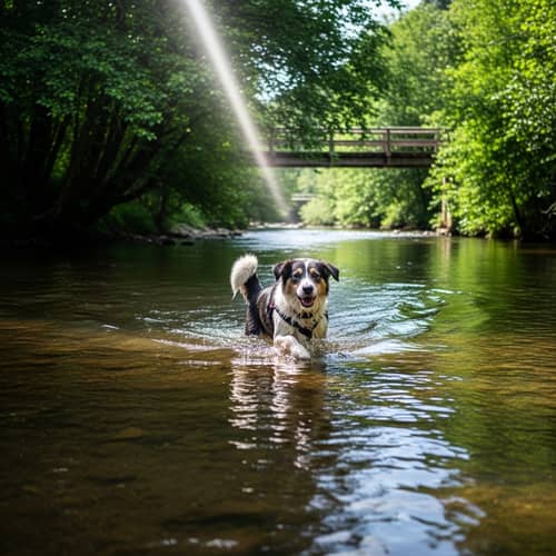 Energetic Mixed Breed Canine Splashing in River