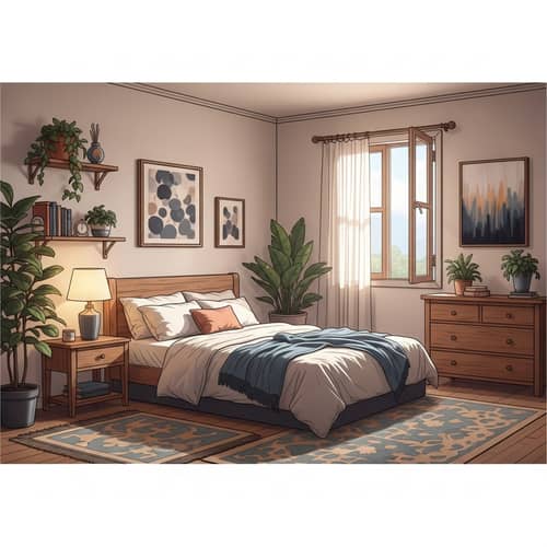Cozy Bedroom Decor: Queen Bed, Lamp, Dresser & More