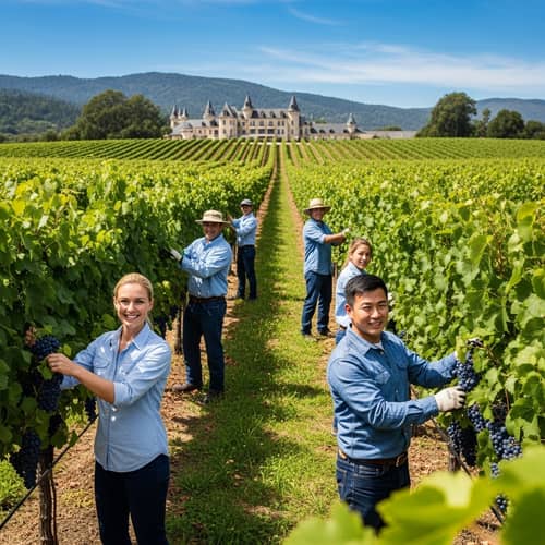 Bountiful Vineyard Scene with Diverse Workers | Winery Harvest