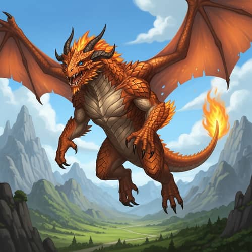 Majestic Fire Dragon Soaring Over Fantasy Landscape