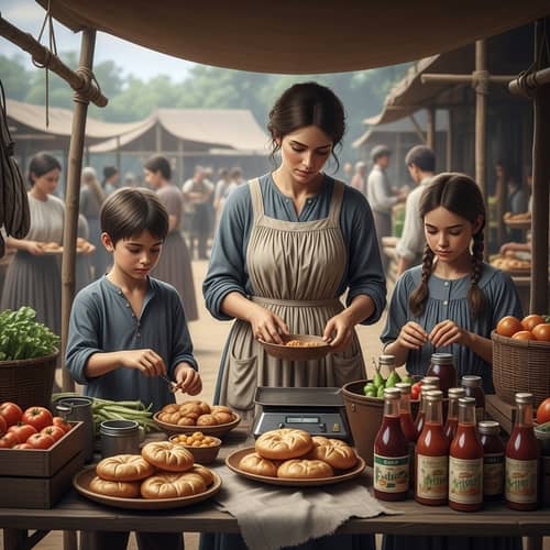 19th Century Market Scene: Struggling Woman & Children Selling Food 19th Century Market Scene: Struggling Woman & Children Selling Food