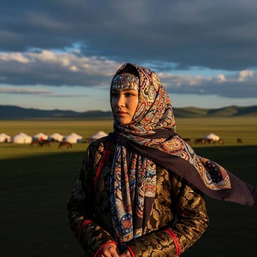 Elegant Mongolian Woman in Hijab on Steppe | Traditional Attire