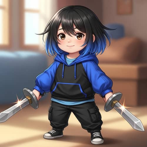 Cute Short Boy with Black Hair and Blue Streak | Cool Swords