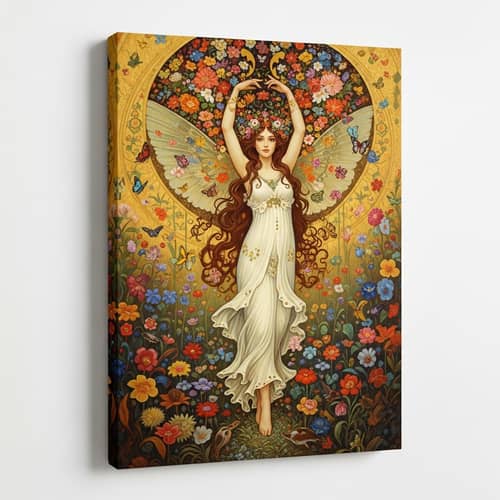 Mystical Forest Nymph Among Vibrant Flowers and Butterflies