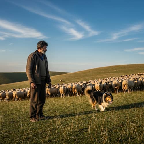 Draw a Shepherd Scene in a Tranquil Sunset Setting