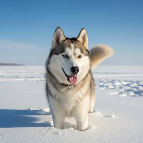Detailed Image of a Playful Siberian Husky in Snowy Field
