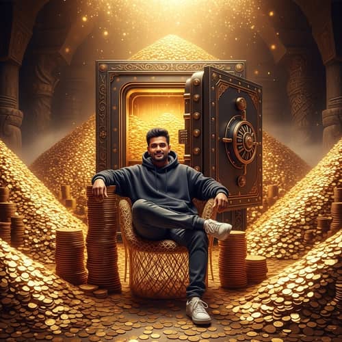 South Asian Man Amid Golden Coins | Vintage Safe Fantasy