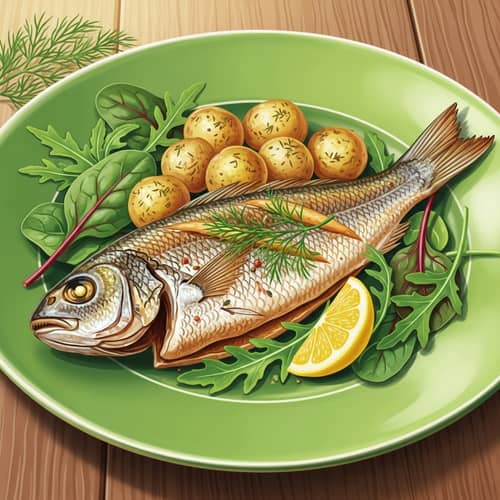 Exquisite Sterlet Fish Dish with Potatoes & Greens