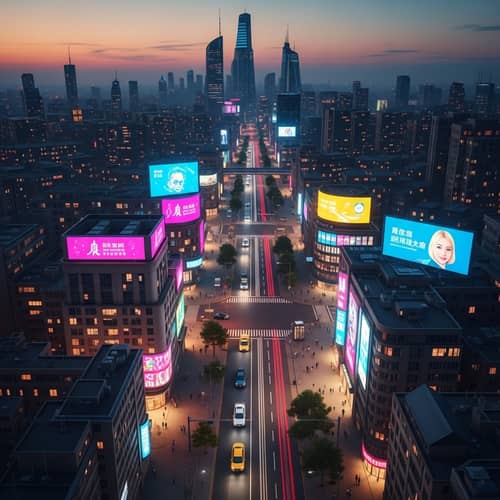 Futuristic Cityscape at Dusk: Thriving Business Progress