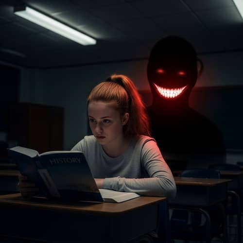15-Year-Old Red-Haired Girl at School Desk | Red Glow Smile