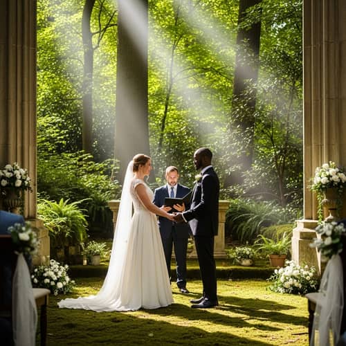 Enchanting Woodland Wedding Ceremony of Caucasian Bride and Black Groom