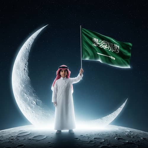 Young Middle Eastern Child Waving Saudi Arabian Flag on Moon