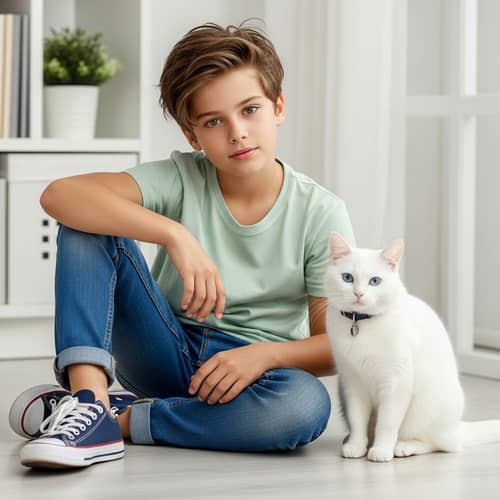 Caucasian Boy with Hazel Eyes and White Cat in Serene Setting