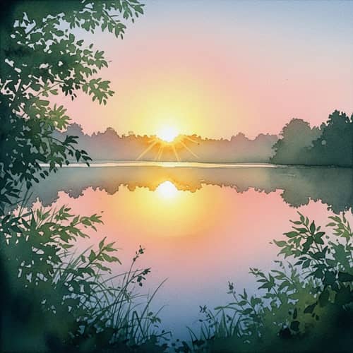 Tranquil Sunrise Over Lake Watercolor Art