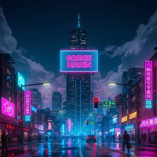Cyberpunk City Tower with Games Haven Pixel Art