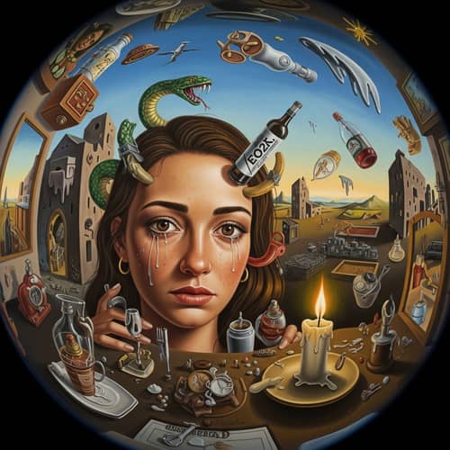 Surreal Oil Painting Depicting Woman's Descent into Addiction