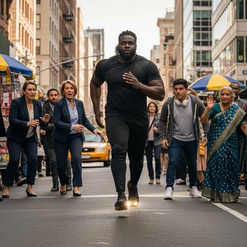 Determined Black Man Gliding in Busy Street