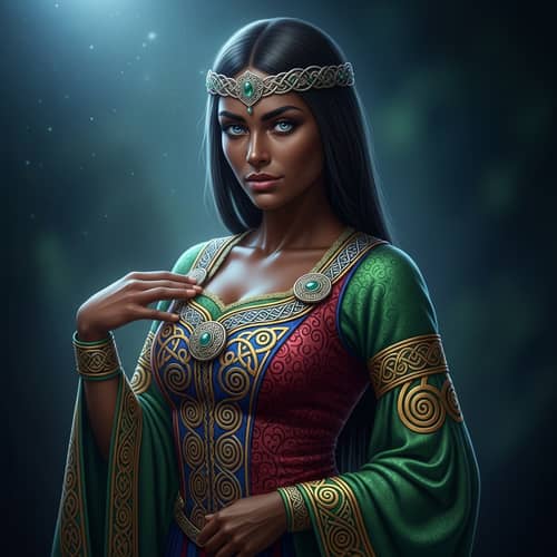 Dark-Skinned Irish Woman in Vibrant Celtic Attire | Studio Portrait
