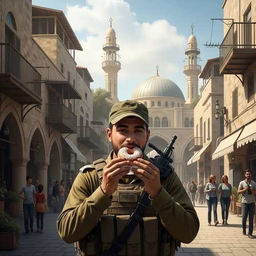 Content Soldier Enjoying Hanukkah Donut in Urban Middle Eastern Setting