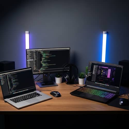 Modern Tech Setup with Dual Laptops and Gaming Keyboard