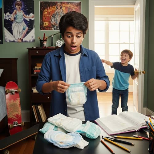 Surprised 13-Year-Old Boy Caught in Diapers by Younger Brother