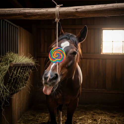 Horse in Stable Licking Sweet Candy on Rope