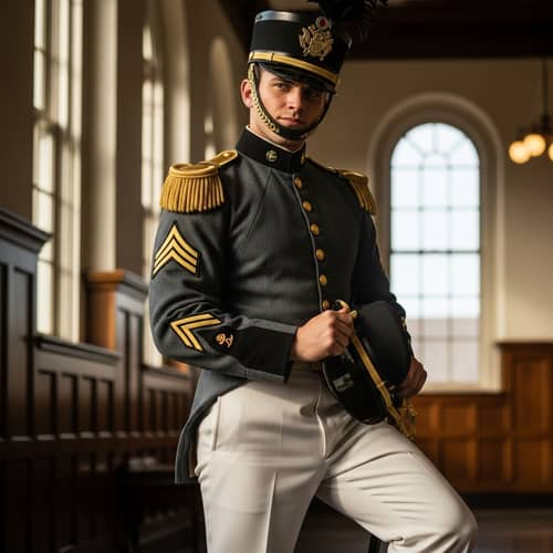 Confident Young Caucasian Man in Traditional Military Academy Uniform