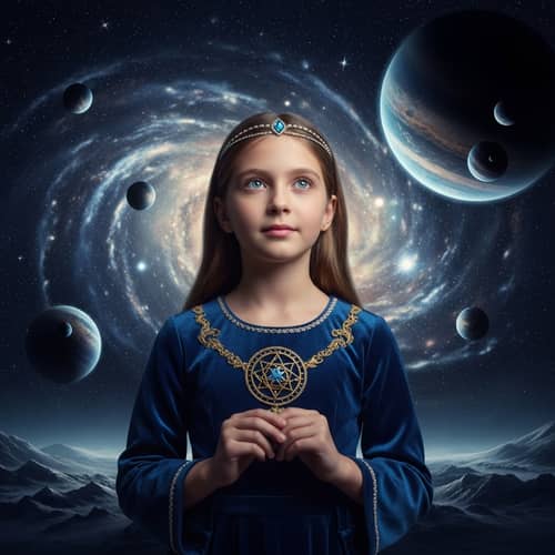 Young Girl in Cosmic Landscape: Celestial Authority Portrayed