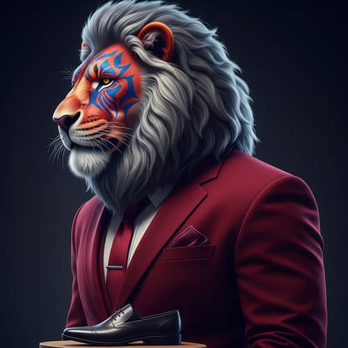 Futuristic Lion-Anthropomorphic Boss in Red Velvet Suit