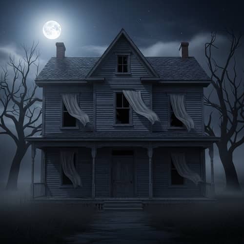 Eerie Abandoned Haunted House in Moonlit Night