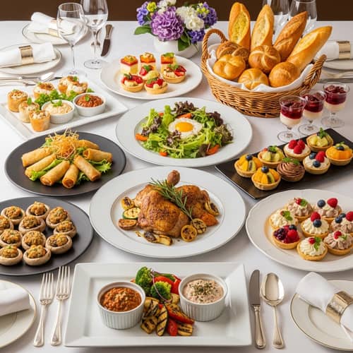 Exquisite Feast: Roasted Chicken, Appetizers, Desserts & More