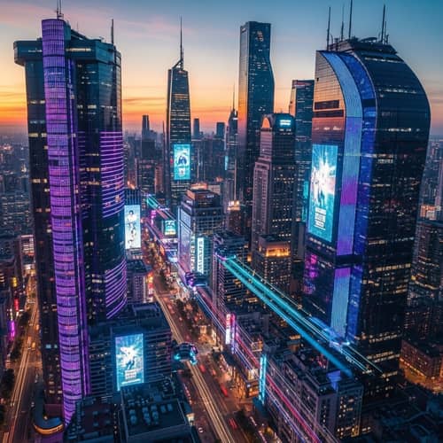 Vibrant Cyberpunk Cityscape at Sunset with Neon Lights