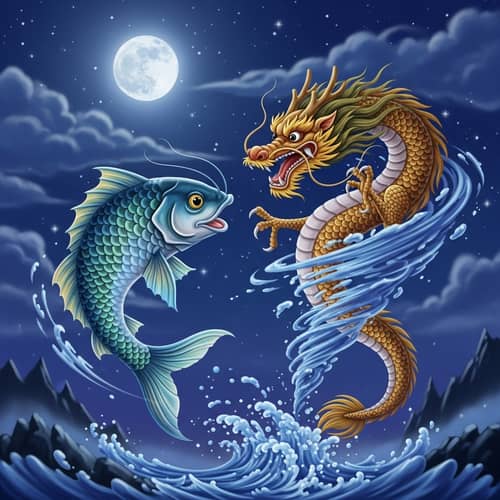 Vibrant Fish Dancing with Majestic Chinese Dragon at Night