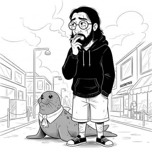 Comic-Style Black and White Close-Up Scene with Hispanic Male and Seal Companion