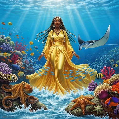 African Goddess Oshun in Yellow Dress Surrounded by Sea Creatures