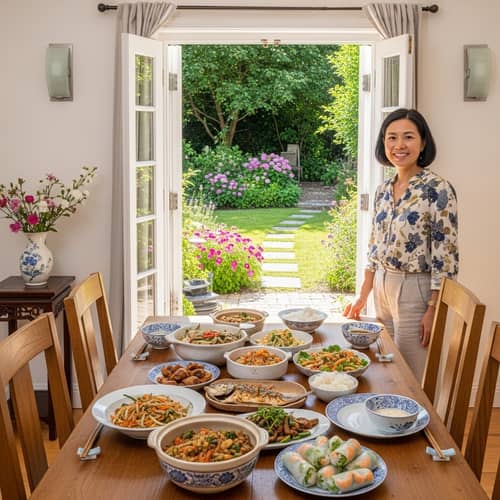 Asian Woman at Dining Table with Backyard View