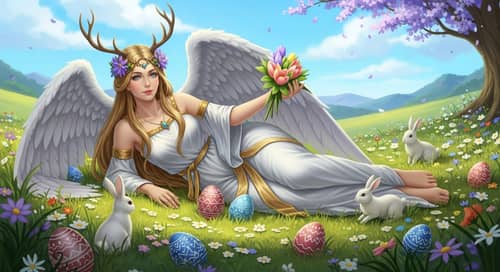 Beautiful Goddess in Field of Grass with Bunnies and Easter Eggs