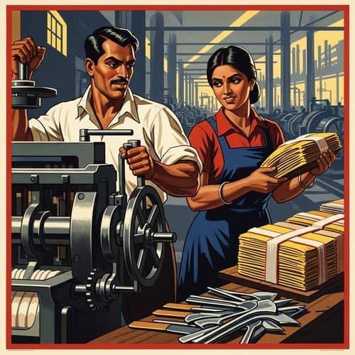 Historical Propaganda Scene: Workers in a Factory