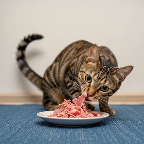 Adorable Domestic Cat Enjoying Delicious Ham - Cute Cat Image