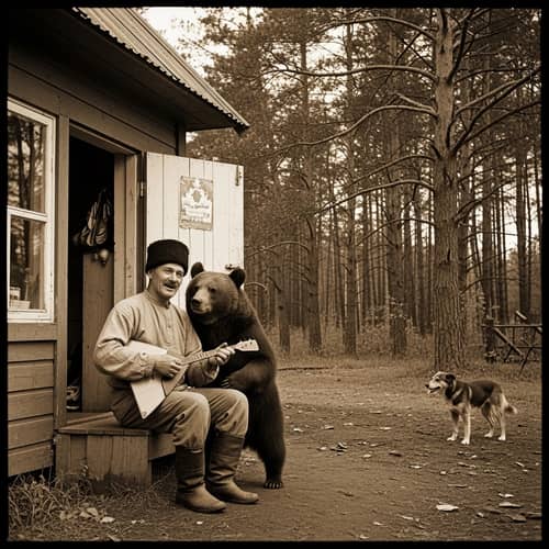 Russian Man with Balalaika Embracing Bear in Rural Setting