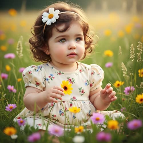 Serene Baby Girl with Golden Eyes in Blossoming Meadow
