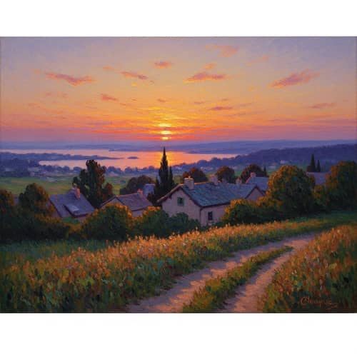 Impressionistic Landscape Painting: Sun Setting on Horizon