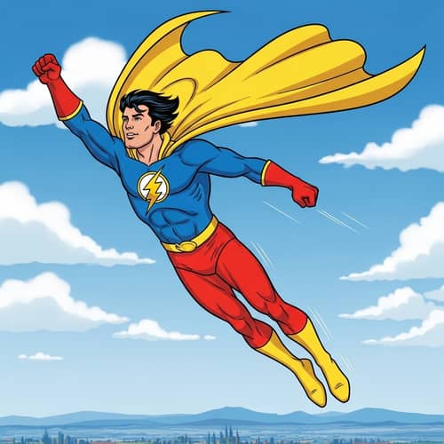 Superhero Cartoon with Dark Haired Man in Bright Costume