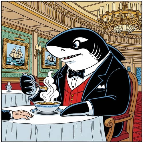 Shark in restaurant eating soup that contains human hand in Garfield cartoon style