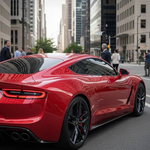 Contemporary Red Car in Cityscape | Sleek Design & Urban Environment